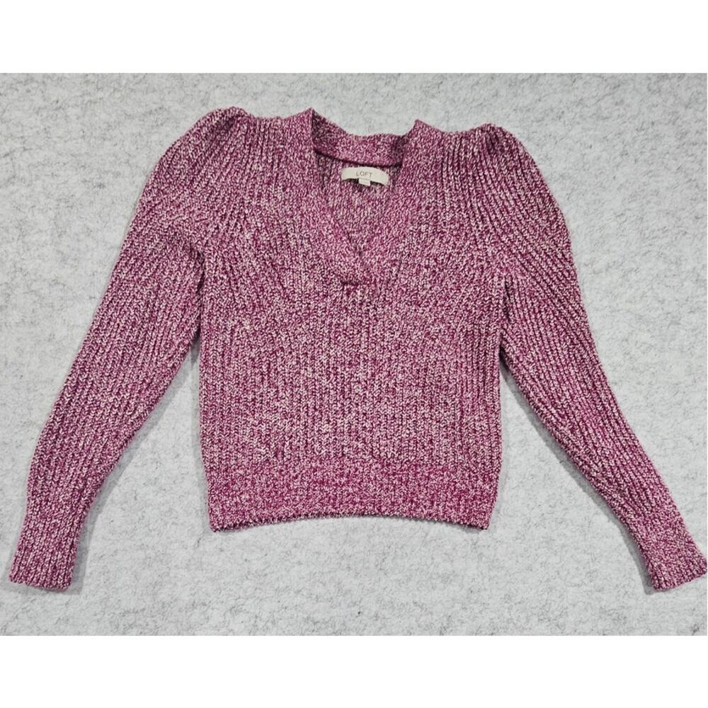 Loft V Neck Sweater, Puff Sleeve, Ribbed Hems, Pink, Cotton Blend, Womens Sz XXS
